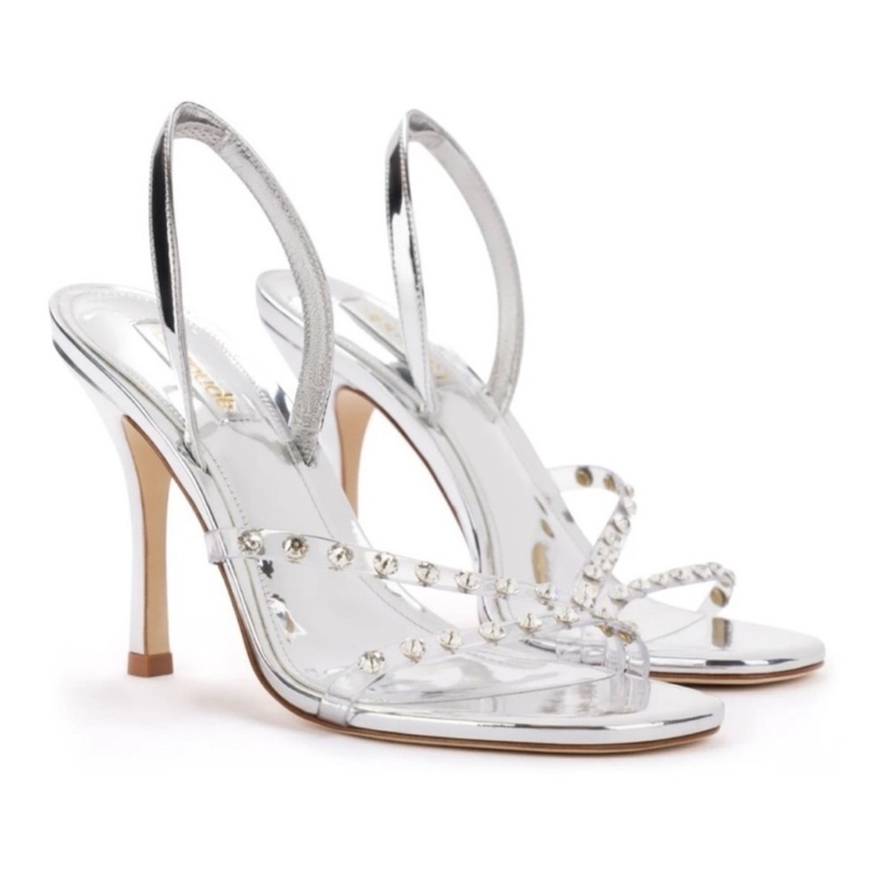 Larroude Annie Silver Specchio Swarovski Crystals Heel Sandals Size 6.5 NEW